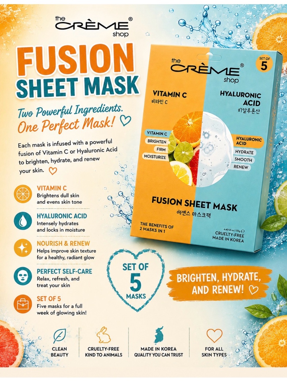 The Crème Shop Fusion Sheet Mask Set of 5 - Vitamin C & Hyaluronic Acid